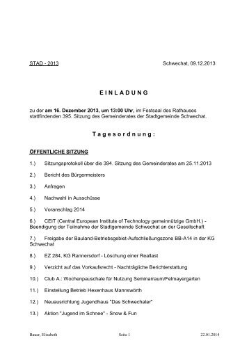 Protokoll der 395. Gemeinderatssitzung am 16. Dezember 2013