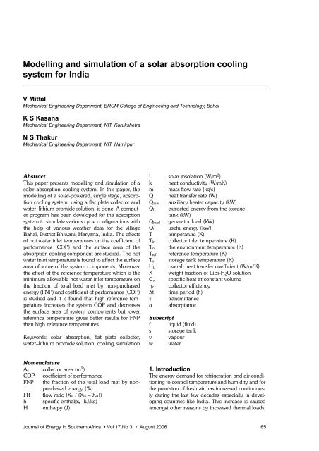 Modelling and simulation of a solar absorption cooling system ... - erc