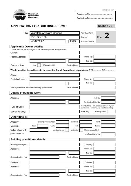 Application for Building Permit - Waratah-Wynyard Council