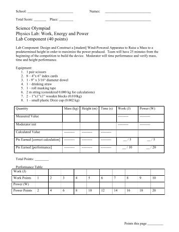 Science Olympiad Physics Lab: Work, Energy and Power Lab ...
