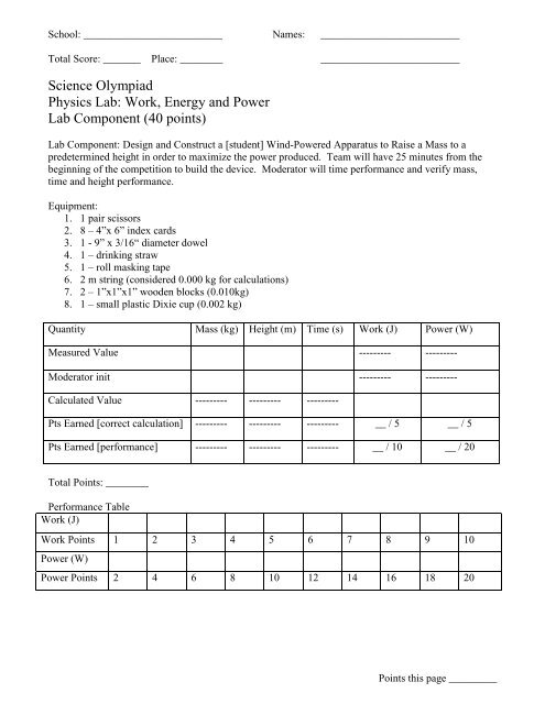Science Olympiad Physics Lab: Work, Energy and Power Lab ...