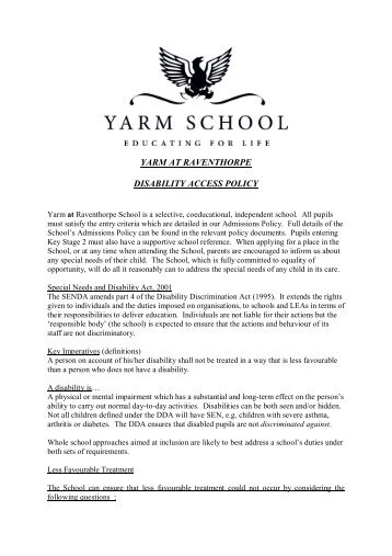 yarm at raventhorpe disability access policy - Yarm School