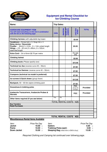 Equipment and Rental Checklist for Ice Climbing Course