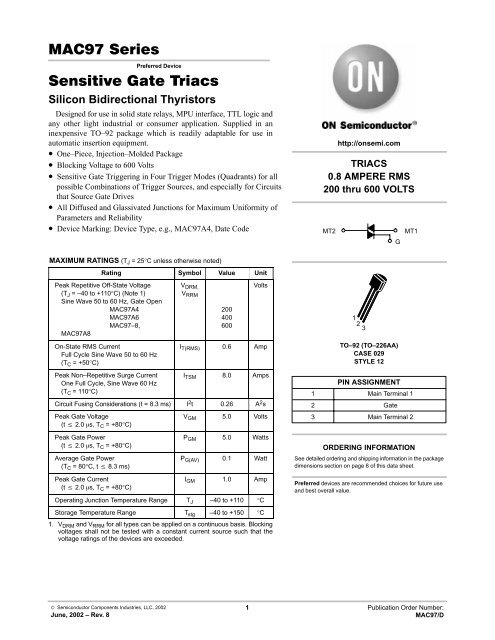 MAC97 Series Sensitive Gate Triacs - Datasheet Catalog