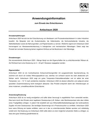 Antischaum 2020 - Anwendungsinformation - hego-biotec