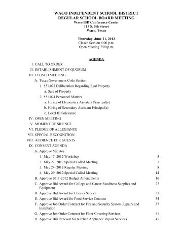 to open this meeting's agenda (pdf) - Waco ISD