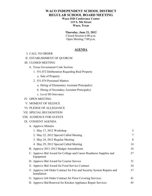 to open this meeting's agenda (pdf) - Waco ISD