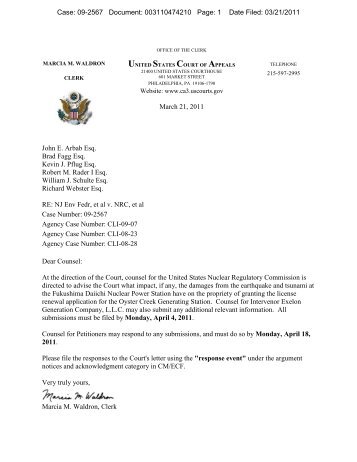 UNITED STATES COURT OF APPEALS letter to US NRC and ...