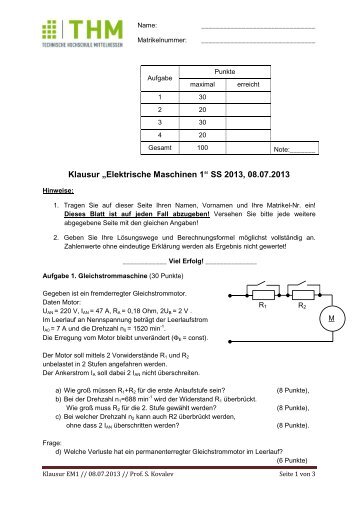Klausur „Elektrische Maschinen 1“ SS 2013, 08.07.2013 - IEM