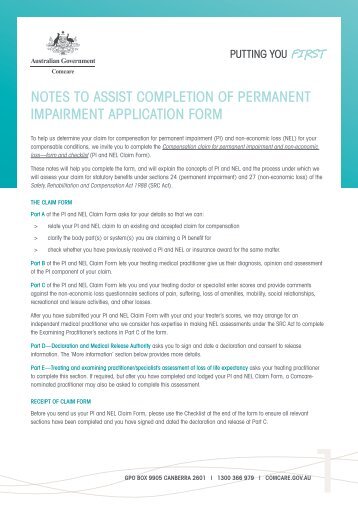 Notes to assist completion of permanent impairment ... - Comcare
