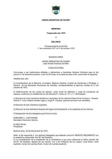 UNIÃN ARGENTINA DE RUGBY MEMORIA Temporada aÃ±o 1972 Y ...