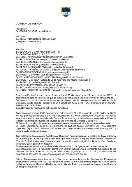 UNIÃN ARGENTINA DE RUGBY MEMORIA Temporada aÃ±o 1972 Y ...