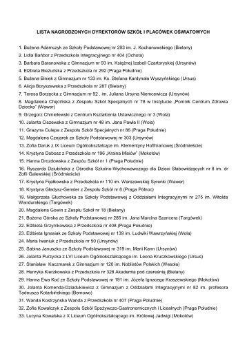 Lista uhonorowanych dyrektorÃ³w szkÃ³Å‚ i placÃ³wek ... - Warszawa