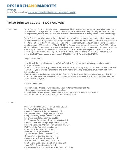 Tokyo Seimitsu Co., Ltd - SWOT Analysis - Research and Markets