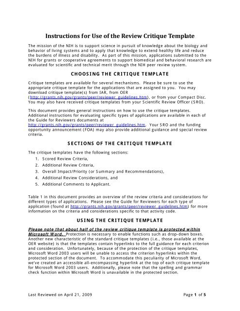 Instructions for Use of the Review Critique Template