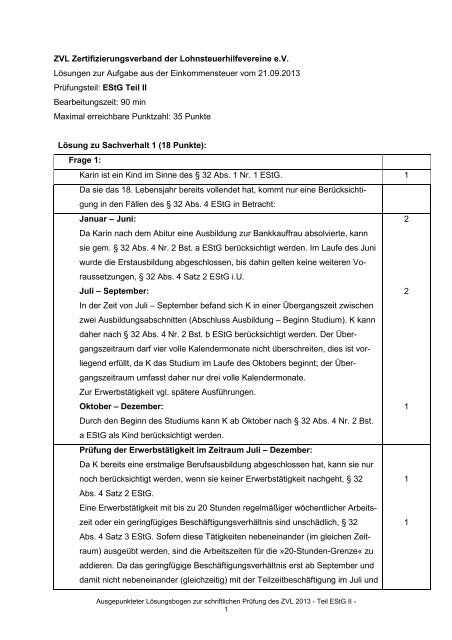 Lösungshinweis Einkommensteuer II 2013 - ZVL