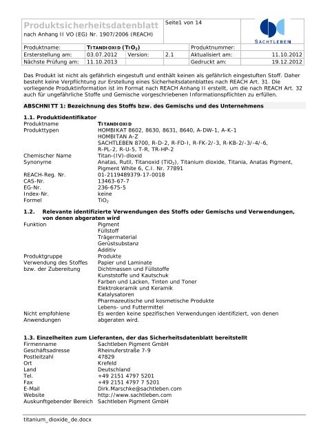 Produktsicherheitsdatenblatt - Sachtleben Chemie GmbH