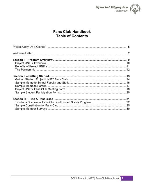 Project UNIFY Fans Club Handbook - Special Olympics Wisconsin