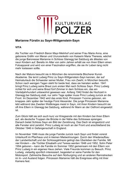 Marianne Fürstin zu Sayn-Wittgenstein-Sayn - Kulturverlag Polzer ...