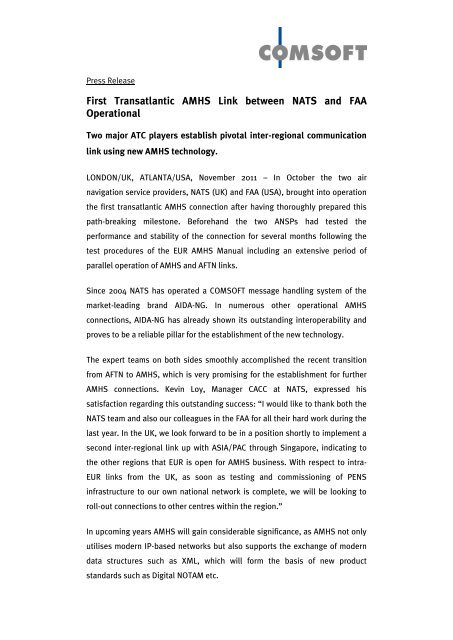 First Transatlantic AMHS Link between NATS and ... - comsoft.aero