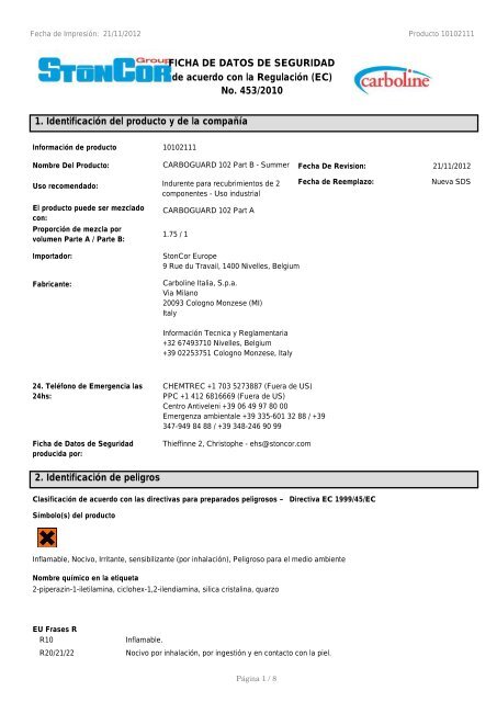 EU/GHS MSDS - StonCor Europe