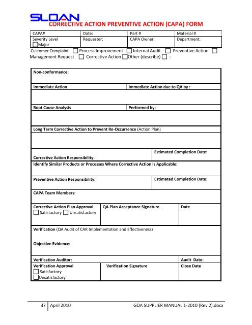 GLOBAL SUPPLIER QUALITY MANUAL - Sloan Valve Company