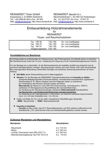 Einbauanleitung Holzrahmenelemente - REINÃRDT TÃ¼ren GmbH