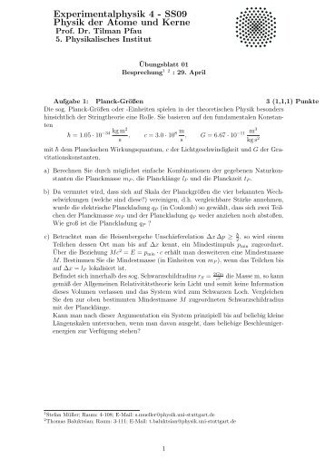 Uebungsaufgaben Experimentalphysik 4 - SS09 - 5. Physikalisches ...