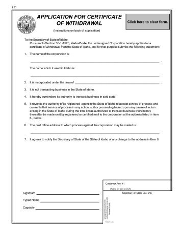 Application for Certificate of Withdrawal - Idaho Secretary of State