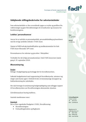 Stillingsbeskrivelse sekretariatsleder 2010 - fadl.dk