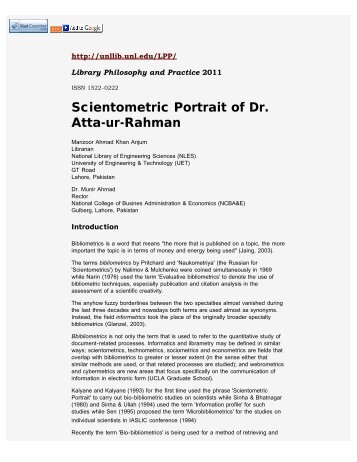 Scientometric Portrait of Dr. Atta-ur-Rahman, Manzoor Ahmad Khan ...