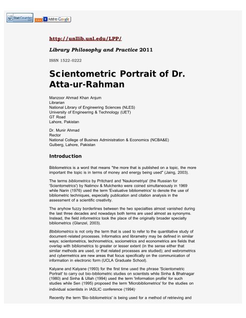 scientometric portrait of dr atta ur rahman manzoor ahmad khan