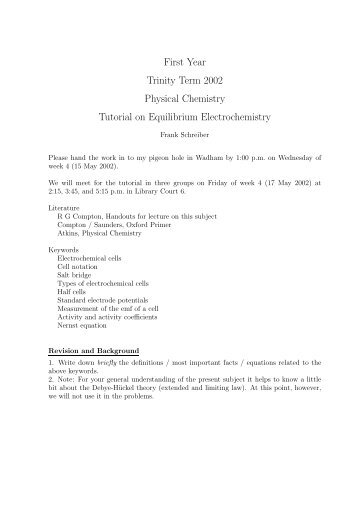 First Year Trinity Term 2002 Physical Chemistry Tutorial on ...