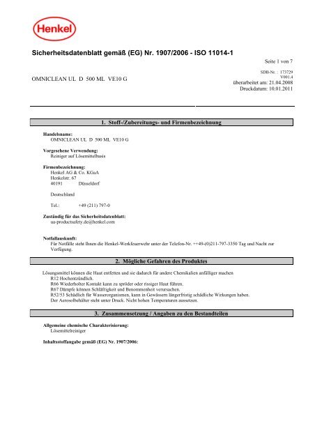 Sicherheitsdatenblatt gemÃƒÂ¤ÃƒÂŸ (EG) Nr. 1907/2006 - ISO 11014-1