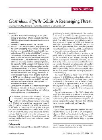 Clostridium difficile Colitis: A Reemerging Threat - Turner White