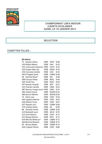 championnat lbfa indoor cadets scolaires gand, le 19 ... - Lbfa.be