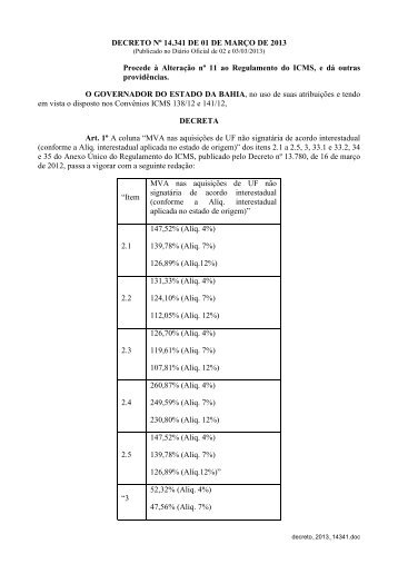DECRETO NÂº 14.341 DE 01 DE MARÃO DE 2013 ... - Sefaz BA