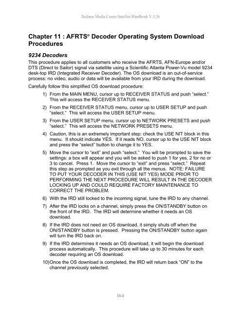 AFRTS Defense Media Center Satellite Handbook