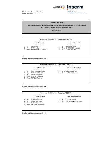 liste par ordre de merite des candidats admis aux ... - EVA - INSERM