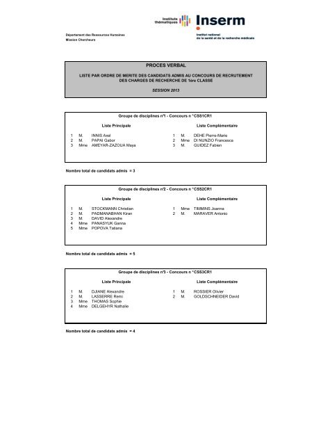 liste par ordre de merite des candidats admis aux ... - EVA - INSERM