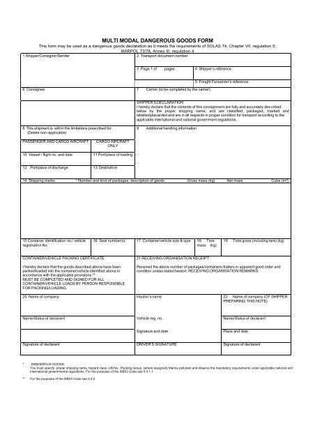 Formular 1 Multi Modal dangerous goods form