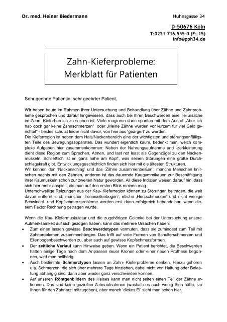 Zahn-Kieferprobleme: Merkblatt fÃ¼r Patienten - Dr. Biedermann