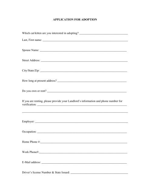 APPLICATION FOR ADOPTION Which cat/kitten are you ... - Petfinder