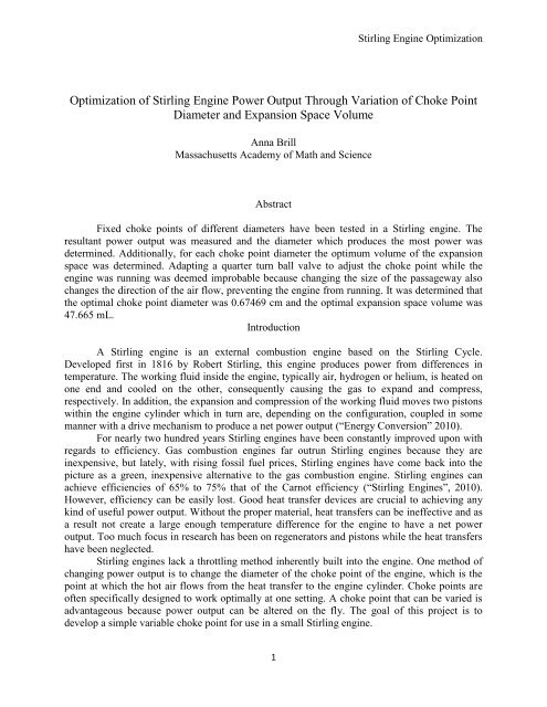 Optimization of Stirling Engine Power Output Through Variation of ...