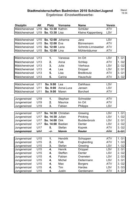 Stadtmeisterschaften Badminton 2010 SchÃ¼ler/Jugend Ergebnisse ...