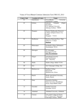 Venue of Visva-Bharati Common Admission Test (VBCAT), 2013