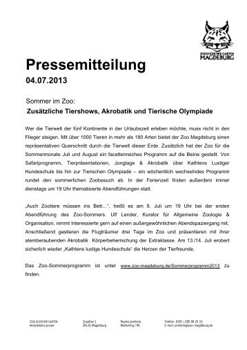 Pressemitteilung vom 04.07.2013 - Zoo Magdeburg