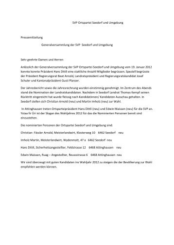 SVP Ortspartei Seedorf und Umgebung Pressemitteilung ... - SVP Uri