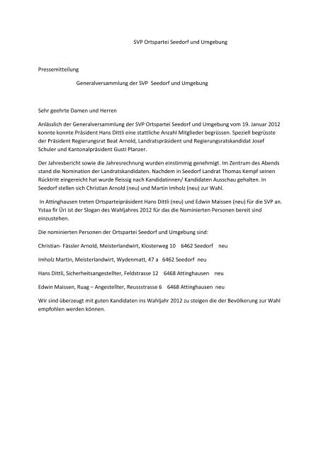 SVP Ortspartei Seedorf und Umgebung Pressemitteilung ... - SVP Uri