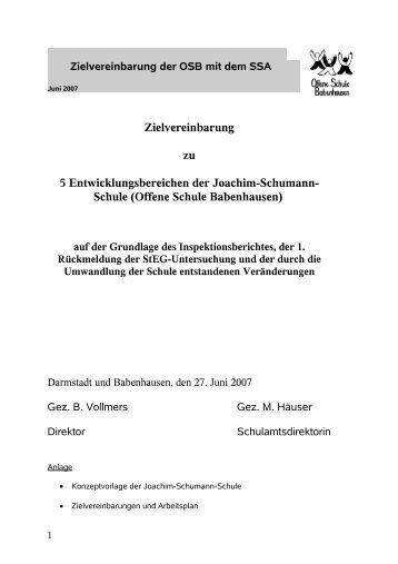 Zielvereinbarung zu fÃ¼nf Entwicklungsbereichen im Juni 2007